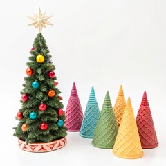 Whimsical Christmas Tree with Colorful Cone Trees, Holiday, Festive