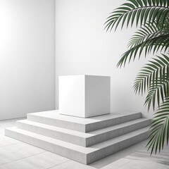 White Cube on Steps with Palm Leaves in Minimalist Interior, display, product mockups