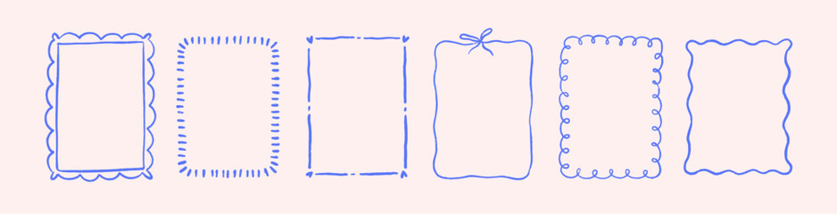 Obraz na płótnie Canvas Hand-drawn line frames, contour decorations in modern trendy doodle style. Scribble drawing, outline border pattern with cute heart and bow elements, coquette romantic squiggles. Vector illustrations.