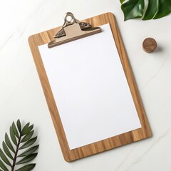 Wood Clipboard with White Paper and Green Leaves on Marble Background, Mockup, Stationery