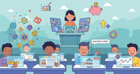 Gamified Financial Literacy Education Vector Illustration. Wide Landscape Students Earning Money Badges