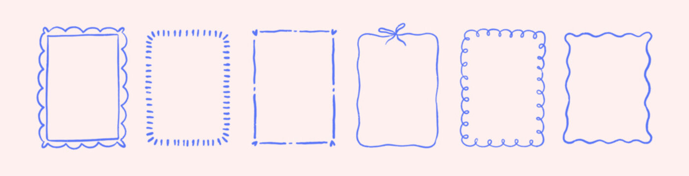 Hand-drawn line frames, contour decorations in modern trendy doodle style. Scribble drawing, outline border pattern with cute heart and bow elements, coquette romantic squiggles. Vector illustrations.