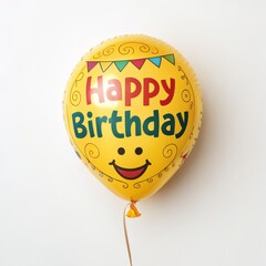 Yellow Happy Birthday Foil Balloon with Smiley Face on White, celebration , party