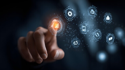 Focus on a hand interacting with a futuristic digital interface showcasing data analysis, illustrated by vibrant glowing icons, suggesting technology, network, and business concepts over a dark...