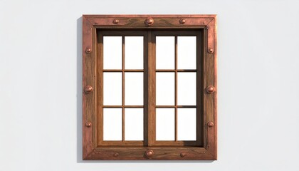 Fototapeta premium Detailed view of an ornate, antique wooden window with a copper frame, showing a grid of six panes, centered on a white wall, displaying texture, and the interplay of light and shadow, capturing a...