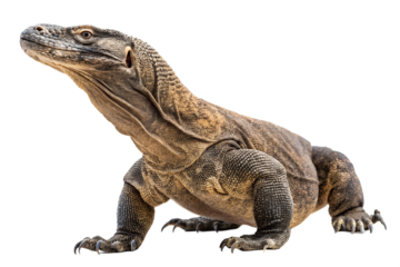 Komodo Dragon in Striking Pose: A formidable Komodo dragon is captured in a striking pose, its detailed scales and intense gaze revealing the raw power and primal beauty of this apex predator.