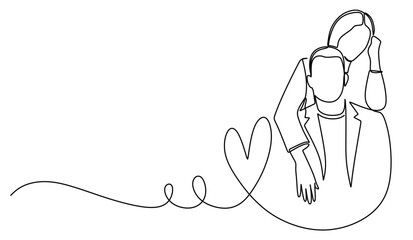 Continuous line art of a young man and woman in love. This icon is for a wedding invitation sticker.