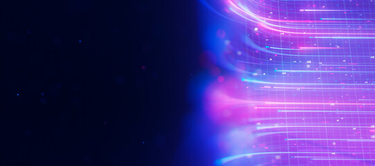 Bigdata light speed data flow upward toward a camera. Abstract digital data stream of quantum computing. Cyberspace of qubit trails. Modern tech information transmission.