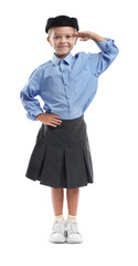 Choice of profession. Little girl pretending to be stewardess on white background