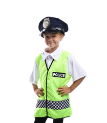 Choice of profession. Little girl in uniform pretending to be policewoman on white background