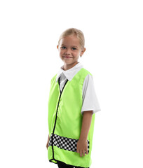 Choice of profession. Little girl in uniform pretending to be policewoman on white background