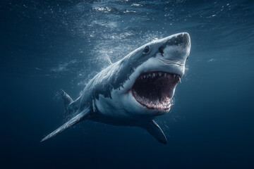 Naklejka premium realistic digital illustration of great white shark swimming in deep blue water, showcasing its powerful jaws and sharp teeth, evoking sense of awe and respect for marine life