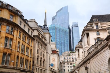 Fototapeta premium Lothbury street view with Trinity Church Central London. Landmarks of London UK.