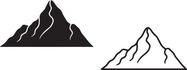 Two mountain peaks in black and white silhouette style