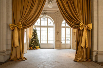 A simple yet luxurious photo shoot space. Interior. Platform. Christmas concept. Product photography. Product display space.