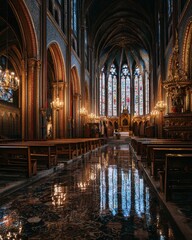 Sacred Reflections - Luminous Stained Glass Mirrored in a Grand Cathedral Aisle.