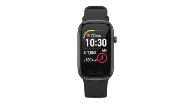 Black smartwatch showing 10:30 AM with heart rate, steps, and calories burned isolated PNG with Transparent Background