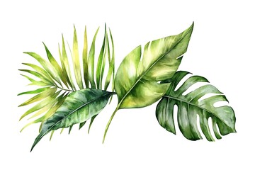 Lush tropical leaves in vibrant watercolor, showcasing a palm frond, monstera deliciosa, and a broadleaf, painted with vivid greens and yellows.