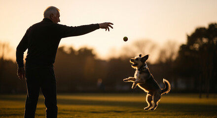 A heartwarming scene of an active senior man playing fetch with his energetic dog, which is jumping mid-air to catch a ball at sunset