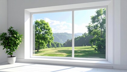 Fototapeta premium Sunlight streams through a large, bright window, offering a serene view of a lush green field, trees, and mountains under a clear, blue sky, creating a sense of calm and open space indoors.