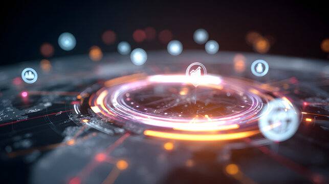 Digital interface showing a futuristic network with glowing circular elements and various user interface icons, conveying concepts of technology and interconnectedness within a simulated environment