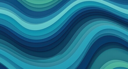 Fototapeta premium Layered abstract design showcases flowing, undulating waves in varying shades of blue and teal, creating a sense of movement and depth across the image, suitable for modern backgrounds and design...