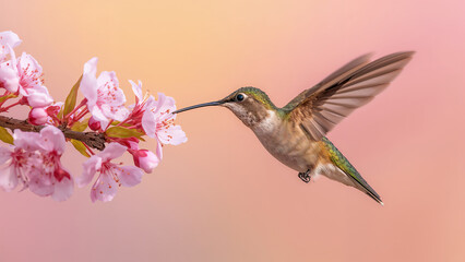 Naklejka premium Hummingbird Approaching Blooming Pink Cherry Blossom