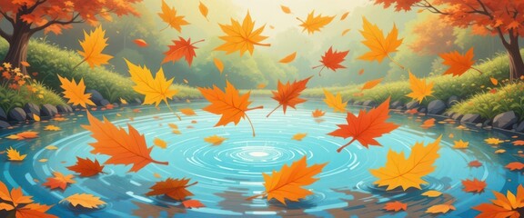 Cartoon Autumn  Animated Leaves on Water, Vibrant, Fun, Whimsical Style