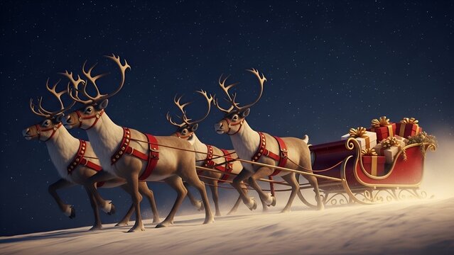 Santa's reindeer team pulling a sleigh full of wrapped Christmas gifts across a snowy landscape under a starry night sky.