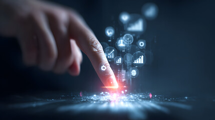 of a human finger touching a glowing digital interface, activating futuristic data visualization elements against a dark background, showcasing innovation, technology, and connectivity.