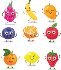 Cartoon fruit cute characters face isolated on white background vector illustration. Funny fruit face icon vector collection. Cartoon face food emoji. Fruit emoticon. Funny food concept. Vector fruit.