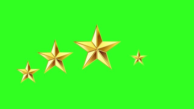 Five Golden Stars Rating Animation on Green Screen. 3D Gold Star Icon for Review and Ranking. Animated 5 Star Quality Rating Symbol Appearing.