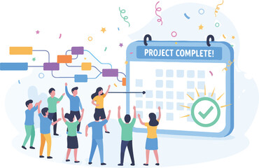 Project Management Milestone Achievement Deadline Vector Illustration. Wide Landscape Team Hitting Target