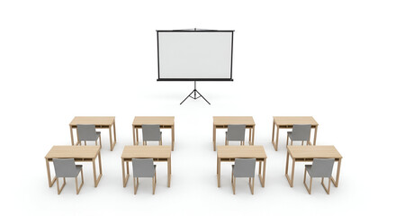 Empty Classroom with Desks and Projection Screen on White Background