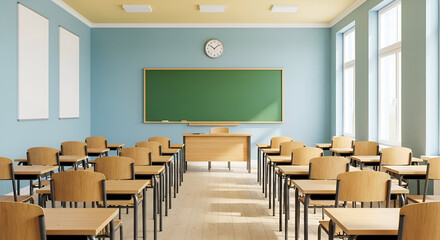 Empty Classroom with Desks and Green Chalkboard school