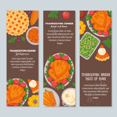 Thanksgiving day, family dinner. Banner set. Hand drawn flat style. Vector illustration. Festive dinner with turkey and potato, apple pie, vegetables, fruits. Autumn food