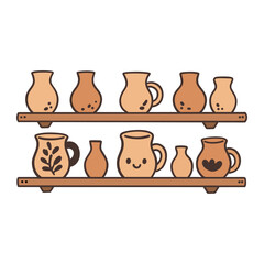vector illustration of clay jugs placed on shelves for drying before firing.
