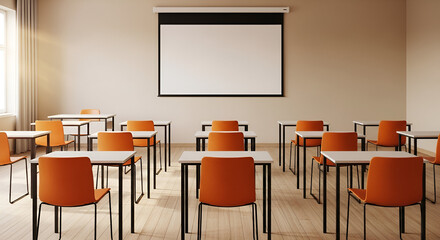 Empty Classroom with Orange Chairs and Projection Screen