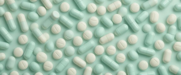 Mint Green   Off White Pill Repeat  Pharma Concept. Soft Color Palette, Calm   Trustworthy Medical Design, Healthcare Applications