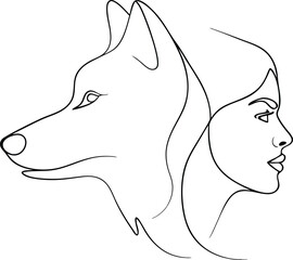 Minimalist line art profile a woman wolf side by side Continous line drawing face
