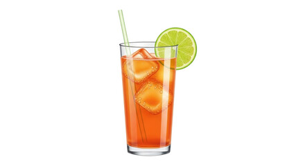 Isolated cocktail illustration drink with citrus fruit ice cubes and drinking straw refreshment