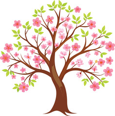 Stylized cherry blossom tree illustration with pink flowers and green leaves