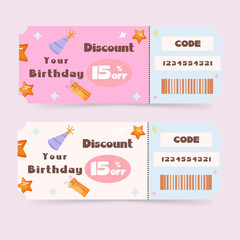 Vector illustration of a set of birthday infographic elements. Birthday discount. Birthday coupon. Birthday discount certificate.