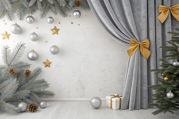 Velvet silver stage curtains and a backdrop adorned with gold ribbons and stars. Luxury. Event. Party. Sophistication. White background.