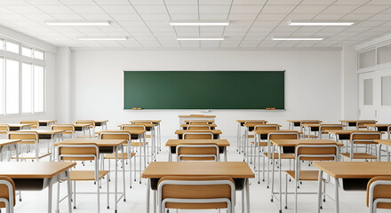 Empty Modern Classroom with Desks and Green Chalkboard