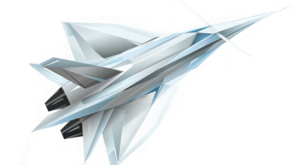 A futuristic white fighter jet with sharp angles isolated on a black background in a dynamic pose