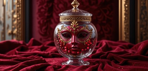 Deep Red Mask in Crystal Jar, Velvet Background, Gold Accents, Ornate Frame, Luxurious Feel