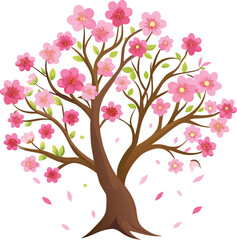 Beautiful Cartoon Cherry Blossom Tree with Pink Flowers and Falling Petals