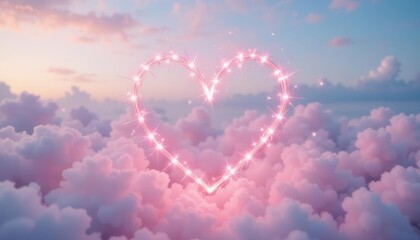 Ethereal Love  A Delicate Heart Made of Soft Pink Fairy Lights Against a Fluffy Cloudscape