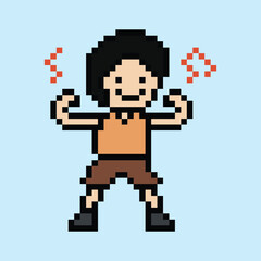 Cute cartoon pixel character cute man exercises training aerobic dance lifestyle music decoration life style 8 bit male boy dance background with music game 8bit fitness vector.
